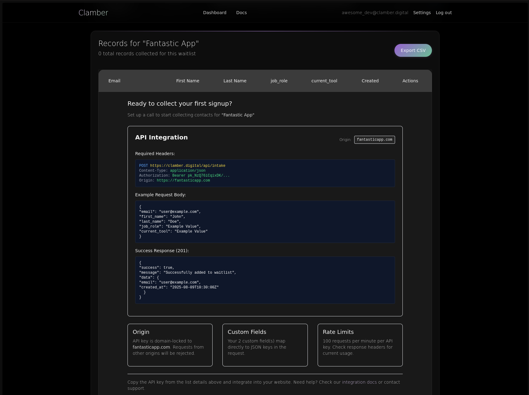 Screenshot: API Quick Start Guide