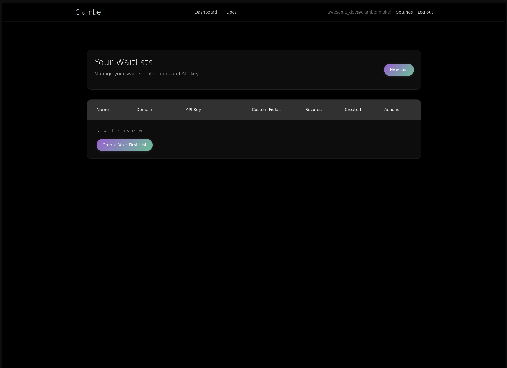 Screenshot: Empty Dashboard Welcome State
