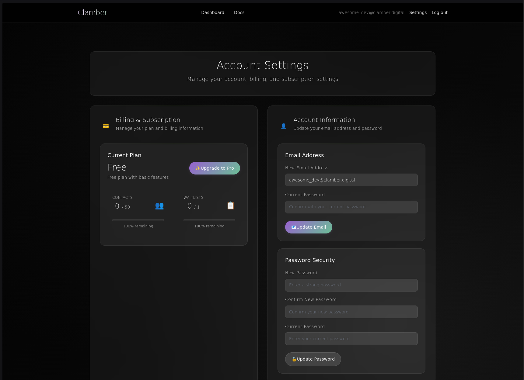 Screenshot: Free Plan Dashboard View