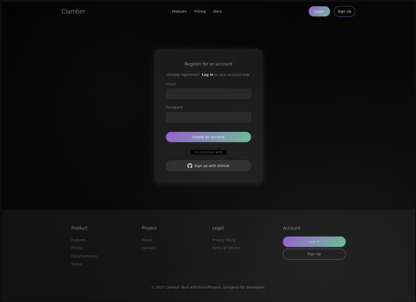 Screenshot: Clamber Homepage Sign-up Options
