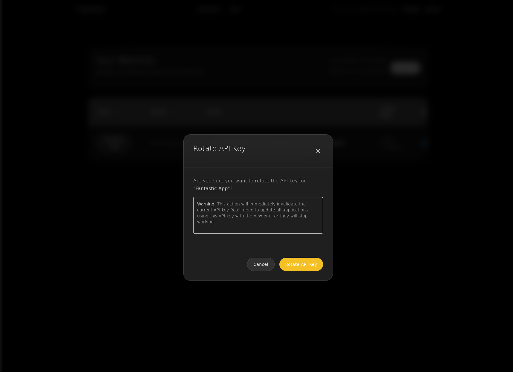 Screenshot: API Key Rotation Warning Dialog