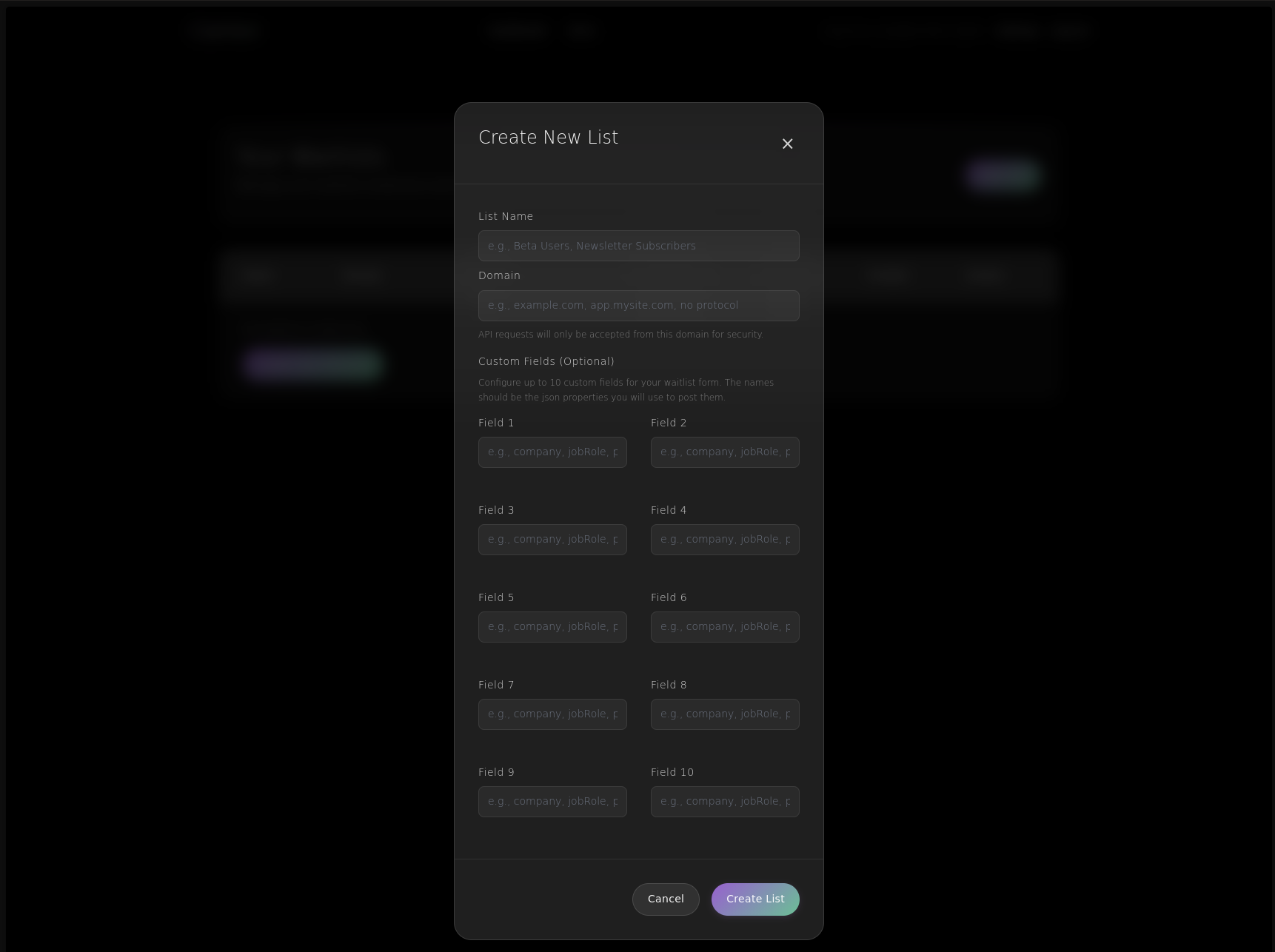 Screenshot: New Waitlist Creation Modal