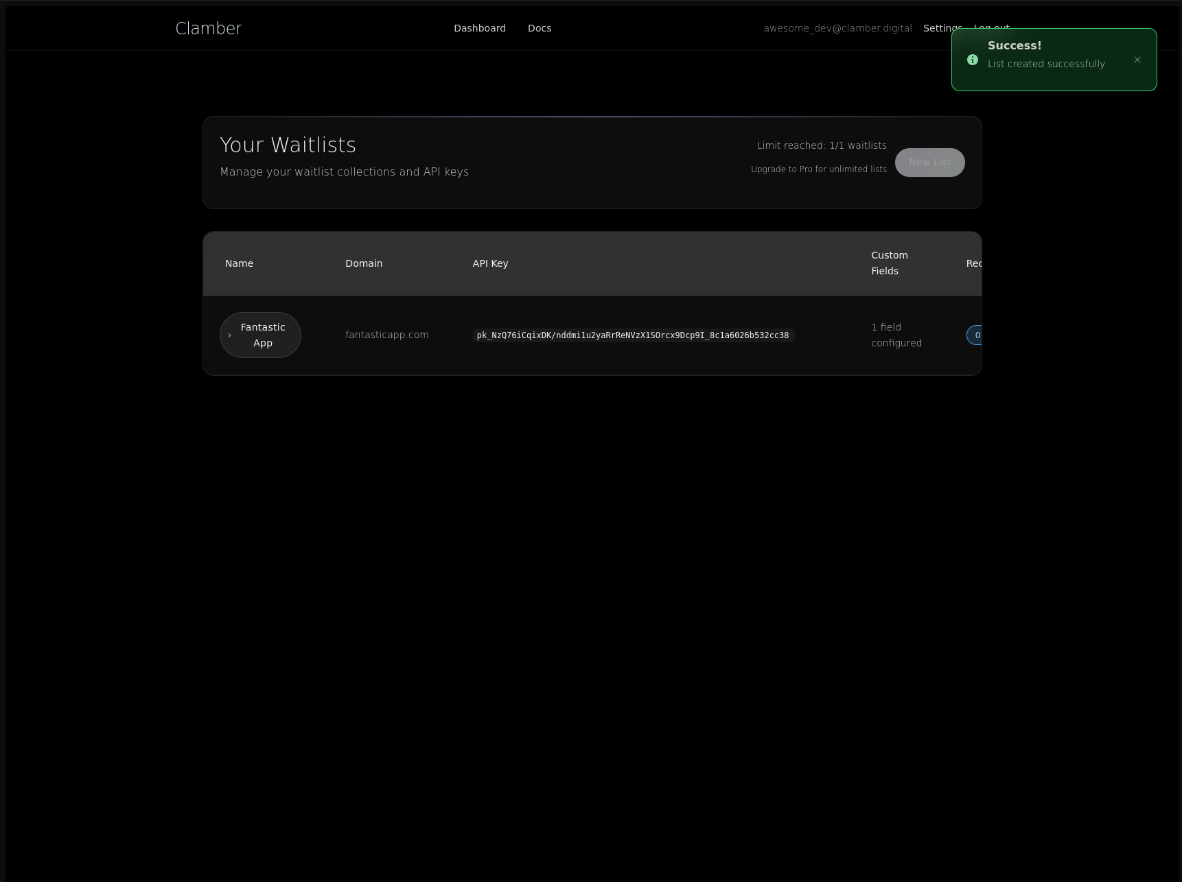 Screenshot: Waitlist Successfully Created